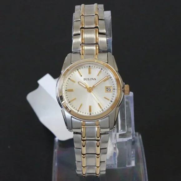 Bulova Women's Quartz Watch Two-Tone Case Silver Sunray Dial Date 26mm - Picture 3 of 13